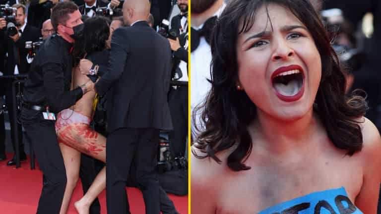 Topless woman crashes Cannes Film Festival red carpet to protest ‘sexual violence’ in Ukraine Topless woman crashes Cannes Film Festival red carpet to protest ‘sexual violence’ in Ukraine