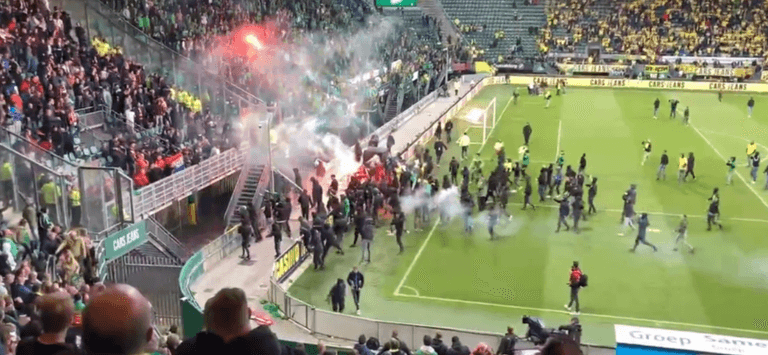 ADO Den Haag fans launch flares at opposition fans after play-off loss ADO Den Haag fans launch flares at opposition fans after play-off loss