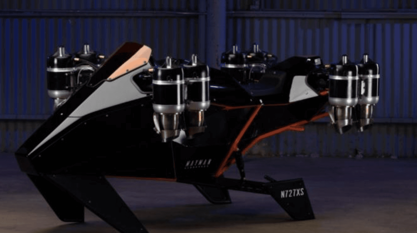 A flying motorcycle powered by eight jet engines has been invented