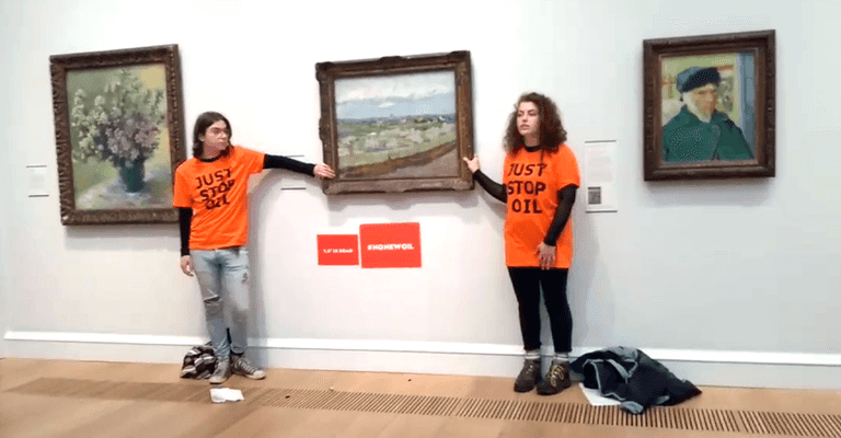 Just Stop Oil protestors glue themselves to Van Gogh painting in climate change protest Just Stop Oil protestors glue themselves to Van Gogh painting in climate change protest