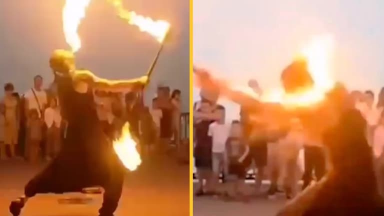 Horrific moment fire dancer engulfed by flames after performance goes wrong in front of tourists Horrific moment fire dancer engulfed by flames after performance goes wrong in front of tourists