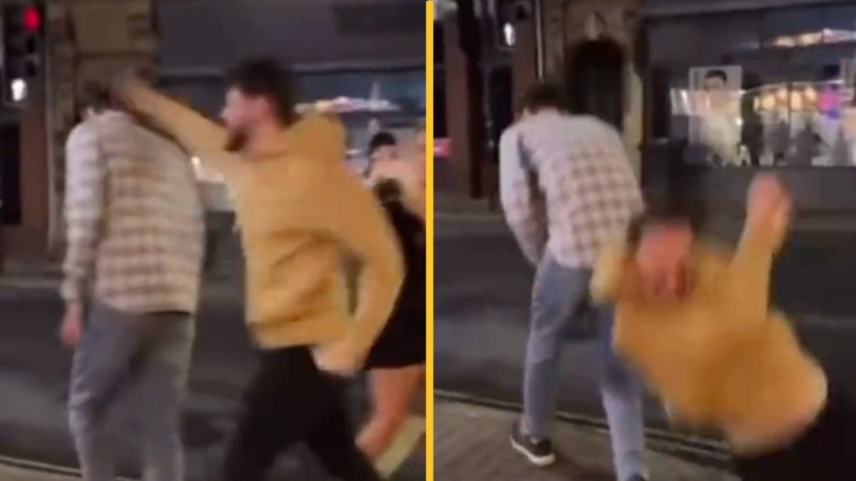 ‘Moron’ caught on video flooring himself with wild sucker punch before walking off