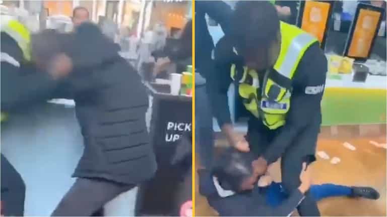 JD Sports security guard takes on gang of four on his own and absolutely owns them JD Sports security guard takes on gang of four on his own and absolutely owns them