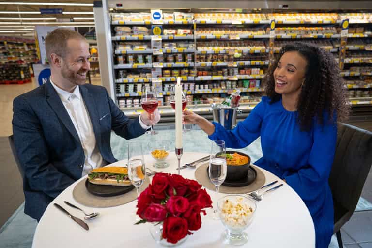 Tesco celebrates launch of up-market meal deal by inviting couple to dine in their aisles Tesco celebrates launch of up-market meal deal by inviting couple to dine in their aisles