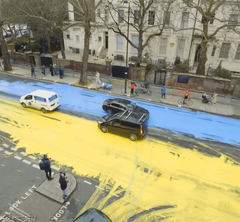 Huge Ukraine flag painted outside Russian embassy in London Huge Ukraine flag painted outside Russian embassy in London