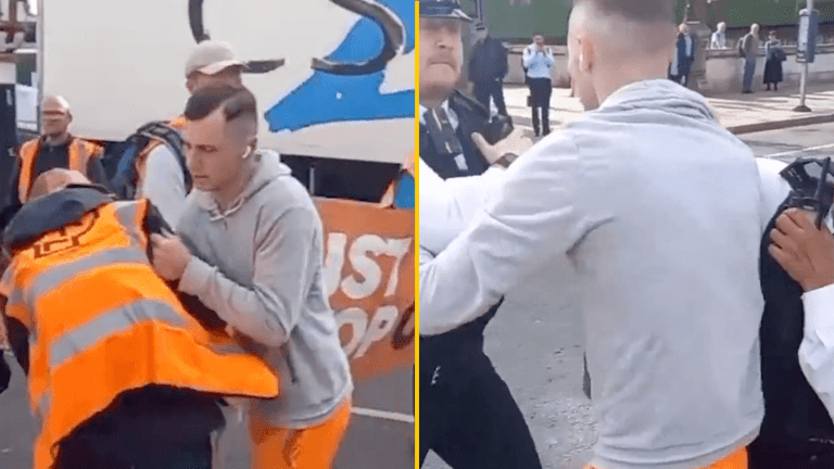 Dramatic moment Just Stop Oil protester goes flying after builder shoves him to the ground Dramatic moment Just Stop Oil protester goes flying after builder shoves him to the ground