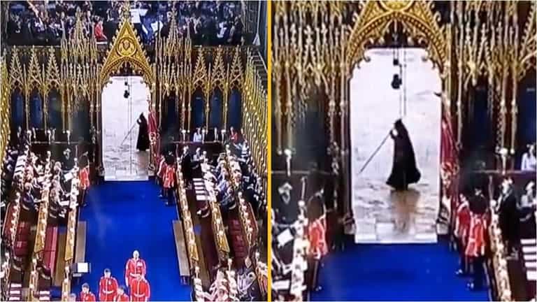 Moment ‘Grim Reaper’ runs past Westminster Abbey during coronation Moment ‘Grim Reaper’ runs past Westminster Abbey during coronation
