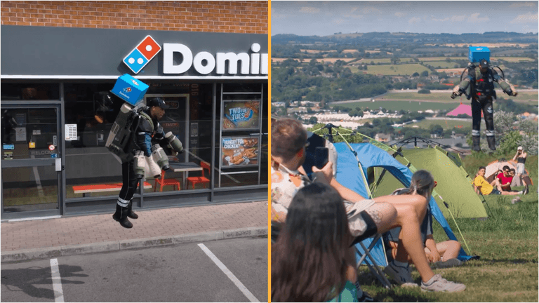 Footage emerges of Domino’s testing jet suit delivery at Glastonbury Footage emerges of Domino’s testing jet suit delivery at Glastonbury