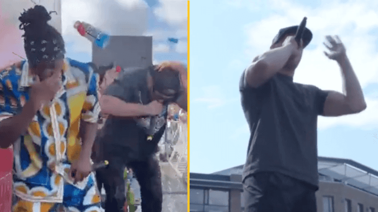 KSI and Logan Paul set up being hit by Prime bottles during PR event KSI and Logan Paul set up being hit by Prime bottles during PR event