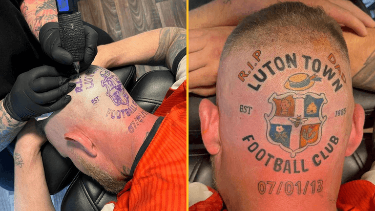 Luton Town fan celebrated Premier League promotion with head tattoo after promise to late dad Luton Town fan celebrated Premier League promotion with head tattoo after promise to late dad