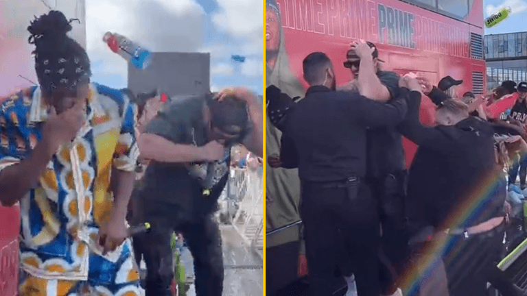 KSI and Logan Paul forced to leave stage as crowd pelts them with bottles of Prime KSI and Logan Paul forced to leave stage as crowd pelts them with bottles of Prime