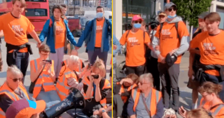 Just Stop Oil activists surrounded by Just Stop P*ssing Everyone Off group to prevent march