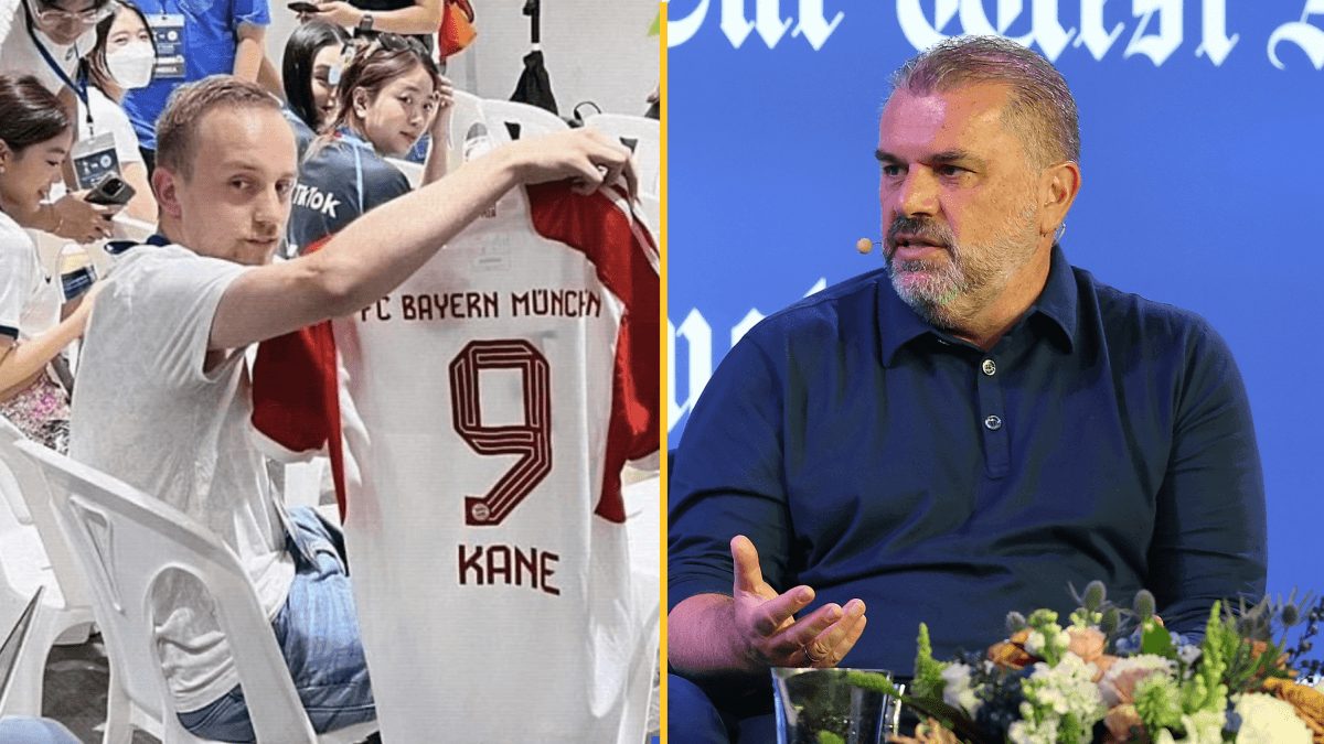 Ange Postecoglou fumes at reporter after he holds up Bayern Munich shirt with Harry Kane’s name on the back