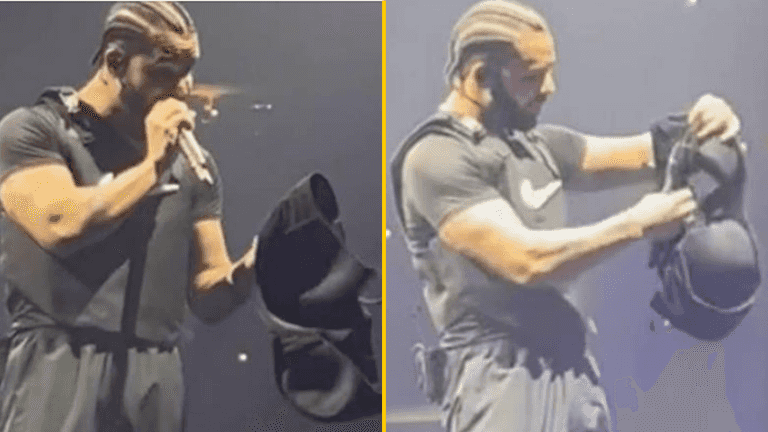 Drake stunned after a bigger 46G bra is thrown at him on stage Drake stunned after a bigger 46G bra is thrown at him on stage