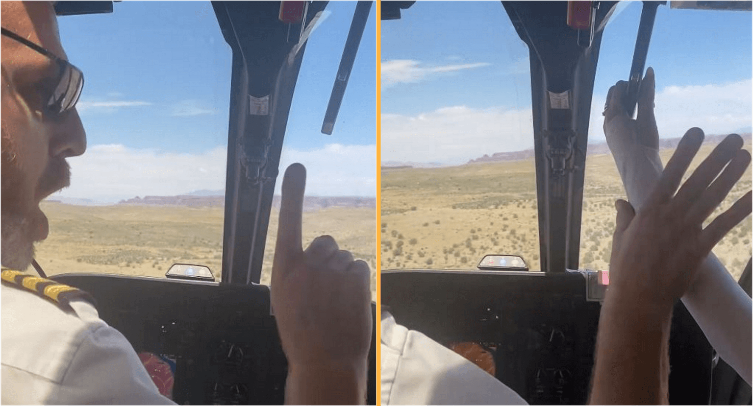 Helicopter pilot screams at dozy passenger who tried to grab lever mid-air