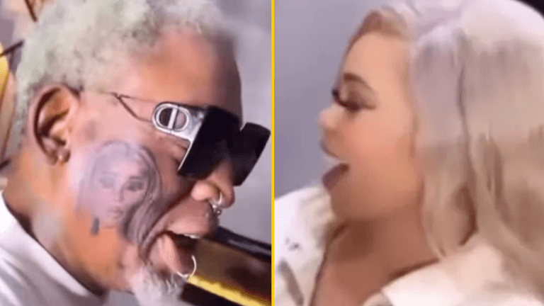 Dennis Rodman gets giant tattoo of his girlfriend’s face on his cheek Dennis Rodman gets giant tattoo of his girlfriend’s face on his cheek