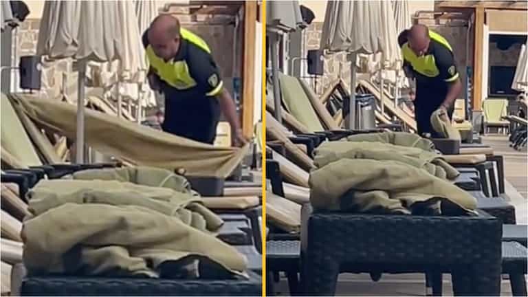Hotel worker rips towels off sunbeds as holidaymakers look to nab best spots Hotel worker rips towels off sunbeds as holidaymakers look to nab best spots