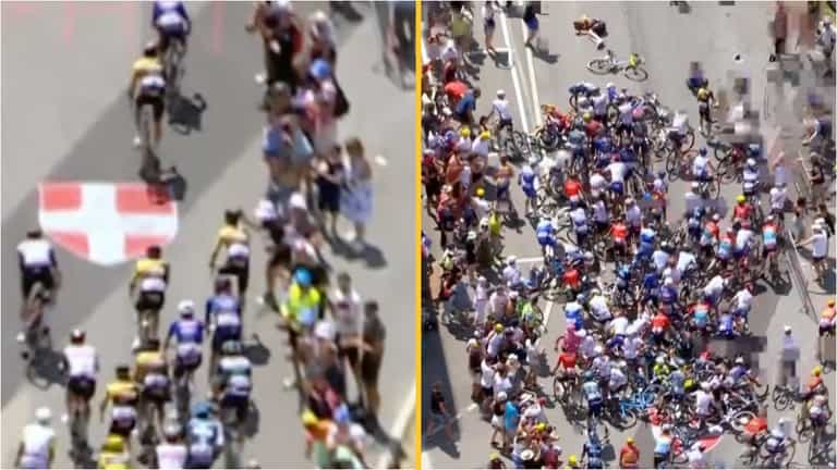 Spectator causes huge Tour de France crash as they try to take selfie Spectator causes huge Tour de France crash as they try to take selfie