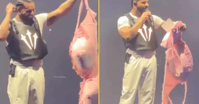 Drake has the largest bra ever seen thrown on stage at him Drake has the largest bra ever seen thrown on stage at him