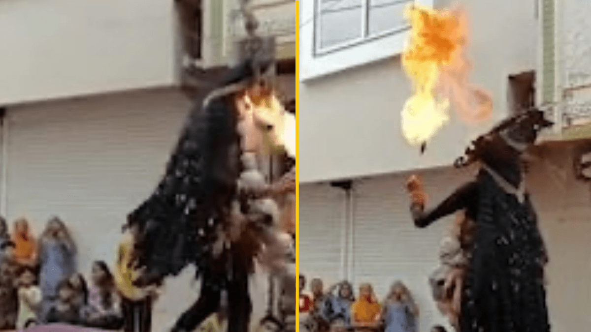 Terrifying moment performer’s face catches fire during fire-breathing stunt