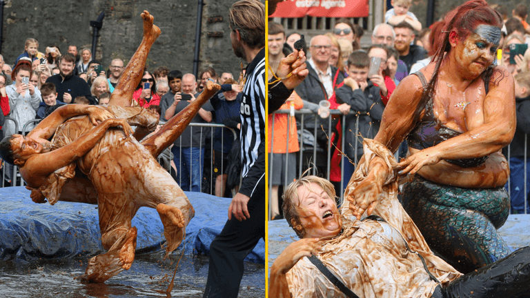 The world gravy wrestling championships got underway at a Lancashire pub garden today The world gravy wrestling championships got underway at a Lancashire pub garden today