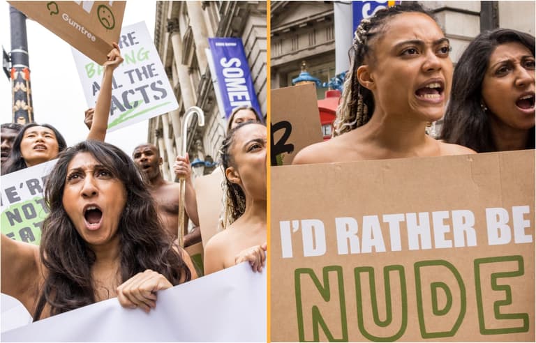 Demonstrators stage naked protest ahead of London Fashion Week Demonstrators stage naked protest ahead of London Fashion Week