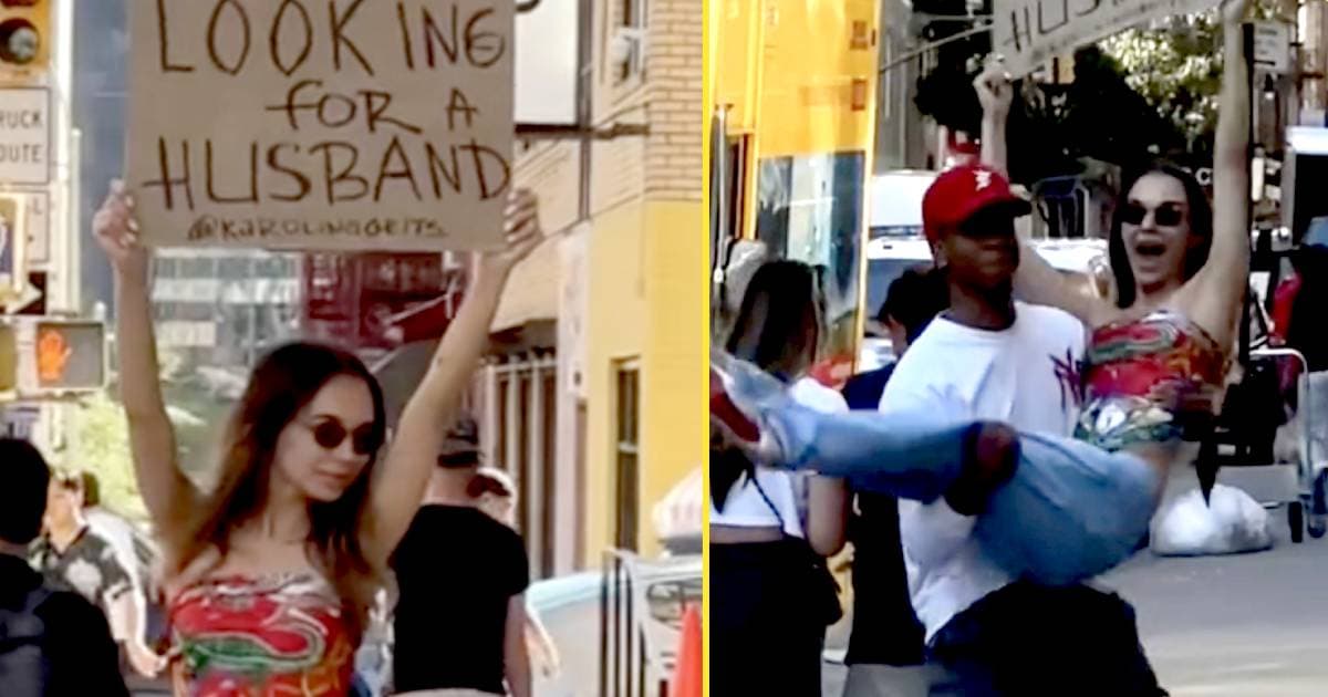 Woman sick of dating apps takes to streets with cardboard ‘looking for a husband’ sign