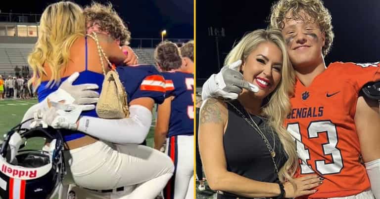 Mum responds to backlash over video of her hugging teenage son at game Mum responds to backlash over video of her hugging teenage son at game