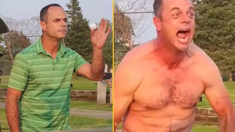 Golfer rips off shirt and shows his muscles before challenging another player to a fight Golfer rips off shirt and shows his muscles before challenging another player to a fight