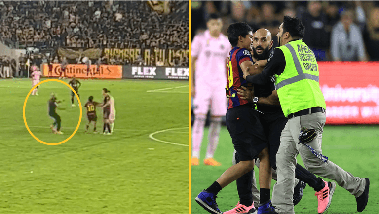 Lionel Messi’s bodyguard shows no mercy as pitch invader heads straight for Messi mid-game Lionel Messi’s bodyguard shows no mercy as pitch invader heads straight for Messi mid-game