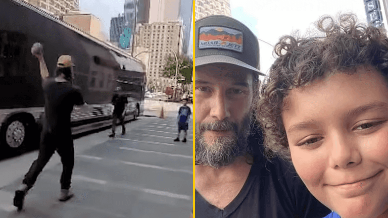Keanu Reeves pictured playing catch with a nine-year-old boy Keanu Reeves pictured playing catch with a nine-year-old boy