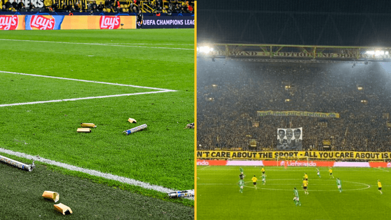 Borussia Dortmund fans display anti-FIFA banner in second half of Champions League fixture Borussia Dortmund fans display anti-FIFA banner in second half of Champions League fixture