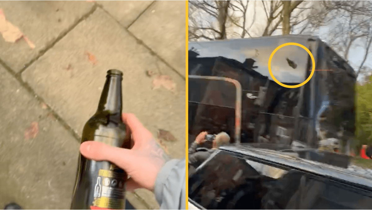 Liverpool on manhunt after fan throws bottle at Man United bus
