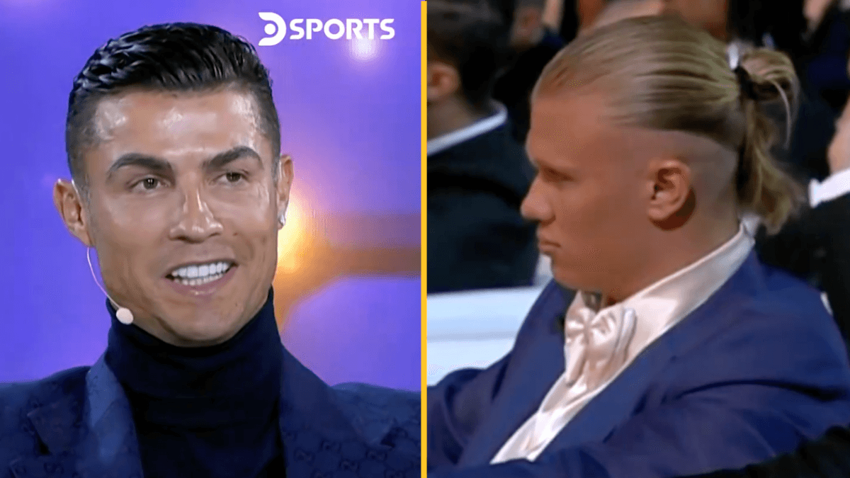 Erling Haaland looks on unimpressed as Cristiano Ronaldo claims he is ‘best goalscorer’
