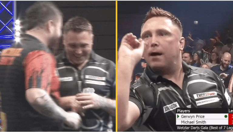 Gerwyn Price and Michael Smith swap darts mid-game Gerwyn Price and Michael Smith swap darts mid-game