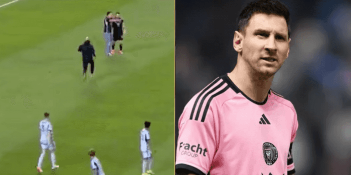 Messi’s bodyguard storms onto pitch to protect star from invading fan Messi’s bodyguard storms onto pitch to protect star from invading fan