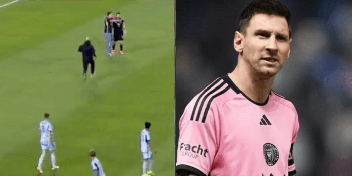 Messi’s bodyguard storms onto pitch to protect star from invading fan Messi’s bodyguard storms onto pitch to protect star from invading fan