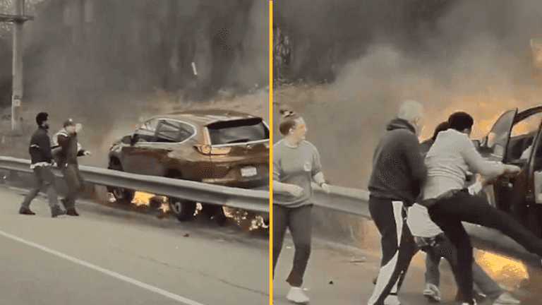 Hero bystanders rush across road to rescue man from burning vehicle Hero bystanders rush across road to rescue man from burning vehicle