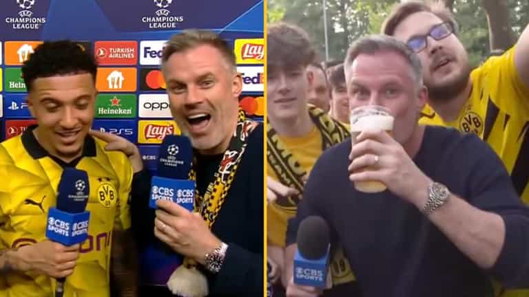 ‘Smashed’ Jamie Carragher interviews Jadon Sancho after drinking ‘8 pints in Yellow Wall’ ‘Smashed’ Jamie Carragher interviews Jadon Sancho after drinking ‘8 pints in Yellow Wall’