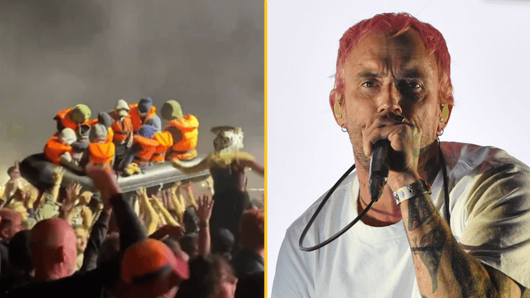 The crowdsurfing inflatable migrant boat at Glastonbury was actually a Banksy artwork The crowdsurfing inflatable migrant boat at Glastonbury was actually a Banksy artwork