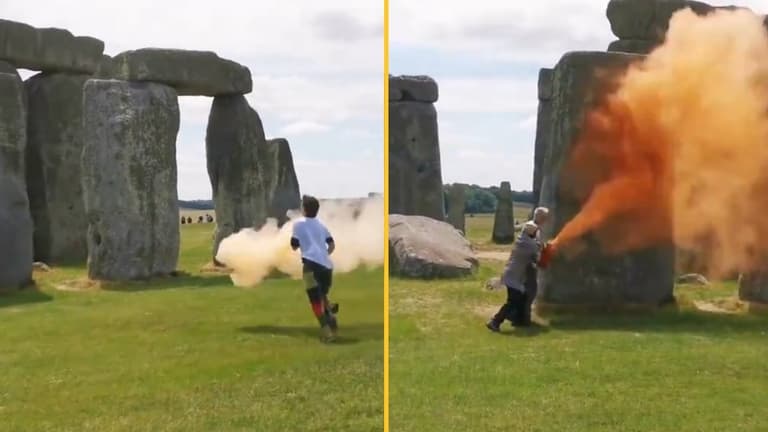 Just Stop Oil protestors vandalise Stonehenge with orange spray paint Just Stop Oil protestors vandalise Stonehenge with orange spray paint