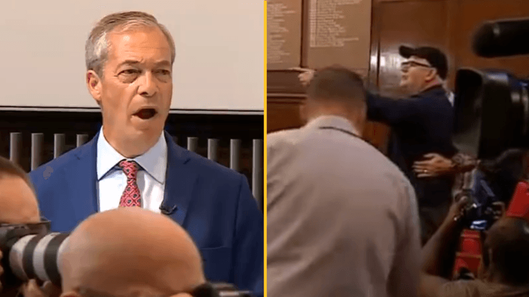 Nigel Farage’s victory speech interrupted by several protestors calling him ‘racist’ Nigel Farage’s victory speech interrupted by several protestors calling him ‘racist’