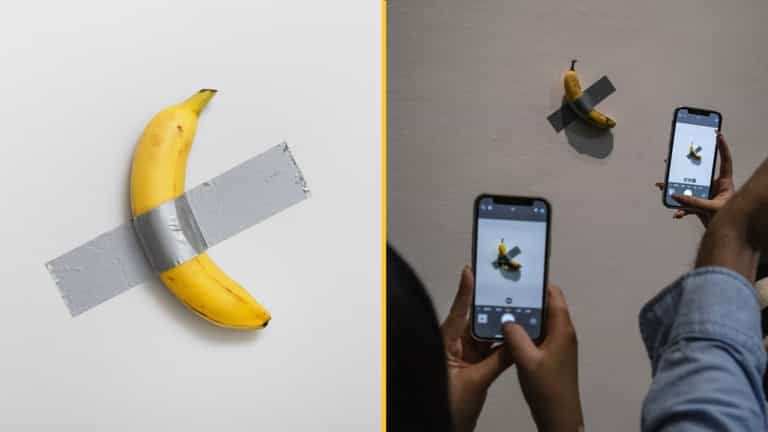 Banana duct-taped to wall sells at auction for £4.9m Banana duct-taped to wall sells at auction for £4.9m