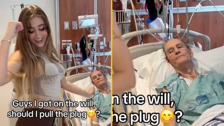 Model slammed for dancing next to elderly boyfriend’s hospital bed as he puts her on his will Model slammed for dancing next to elderly boyfriend’s hospital bed as he puts her on his will