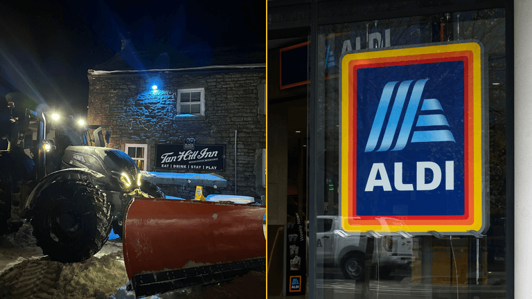Aldi sends tractor to deliver booze and sausages to punters snowed into pub Aldi sends tractor to deliver booze and sausages to punters snowed into pub