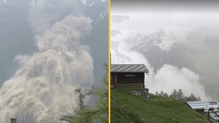 Terrifying moment glacial landslide flattens Swiss village Terrifying moment glacial landslide flattens Swiss village