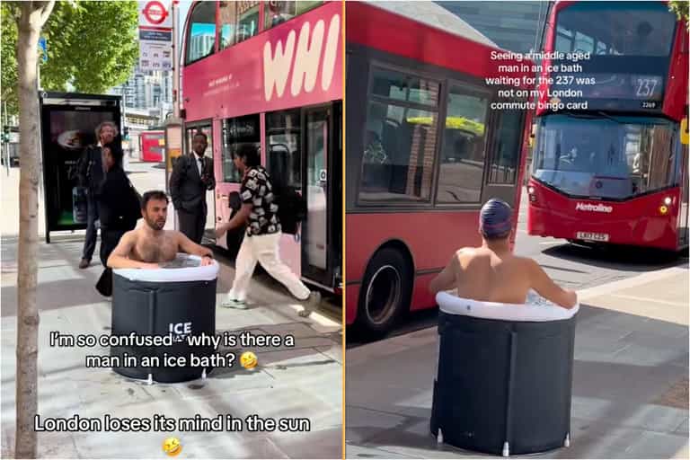 Commuter spotted taking an ice bath at a bus stop Commuter spotted taking an ice bath at a bus stop