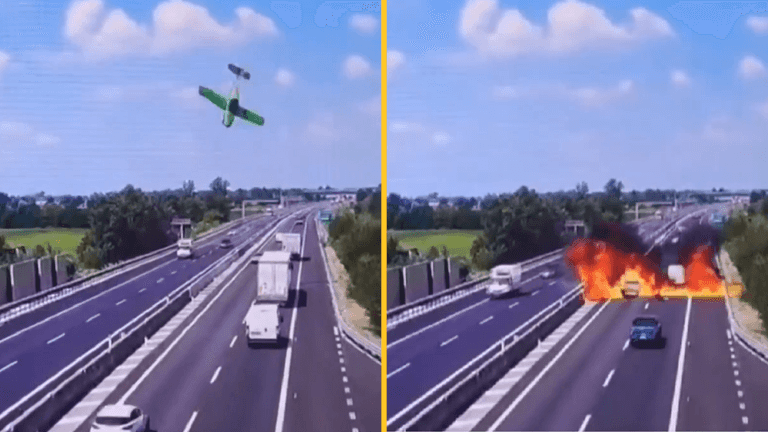 Plane nose dives and crashes into motorway leaving cars to drive through flames Plane nose dives and crashes into motorway leaving cars to drive through flames