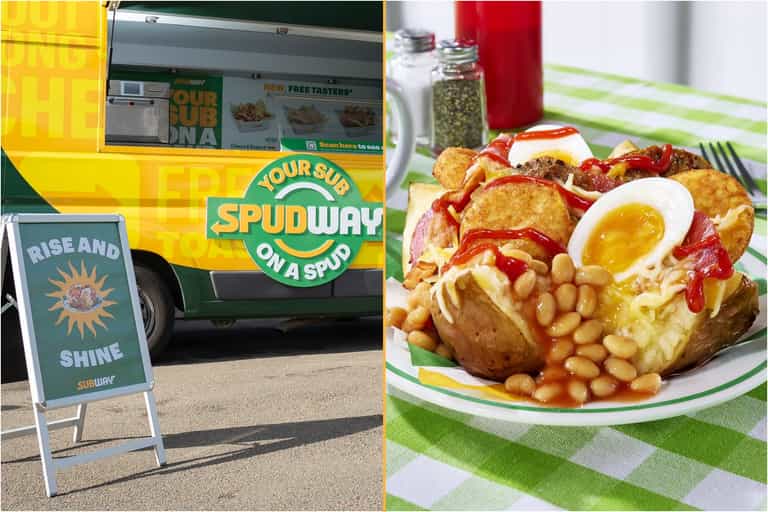 Subway ups breakfast game with roll out of full English on a jacket potato Subway ups breakfast game with roll out of full English on a jacket potato