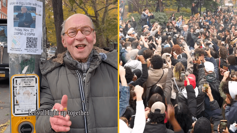 Thousands turn up to smoke cigarette with man who handed out flyers asking people to join him Thousands turn up to smoke cigarette with man who handed out flyers asking people to join him